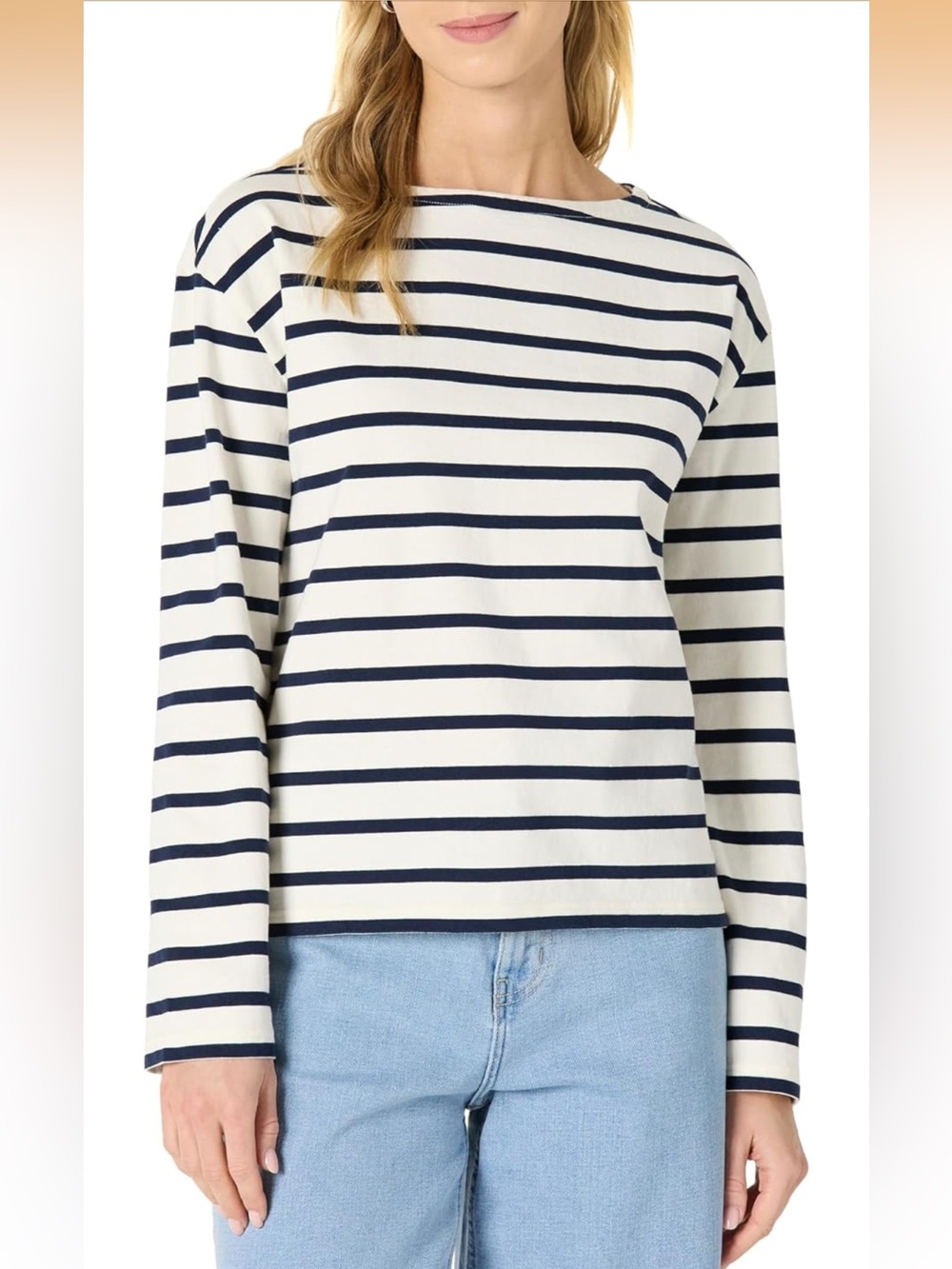 NWT Amazon Essentials 100% Cotton Heavyweight Boat Neck Top Medium Navy Stripe